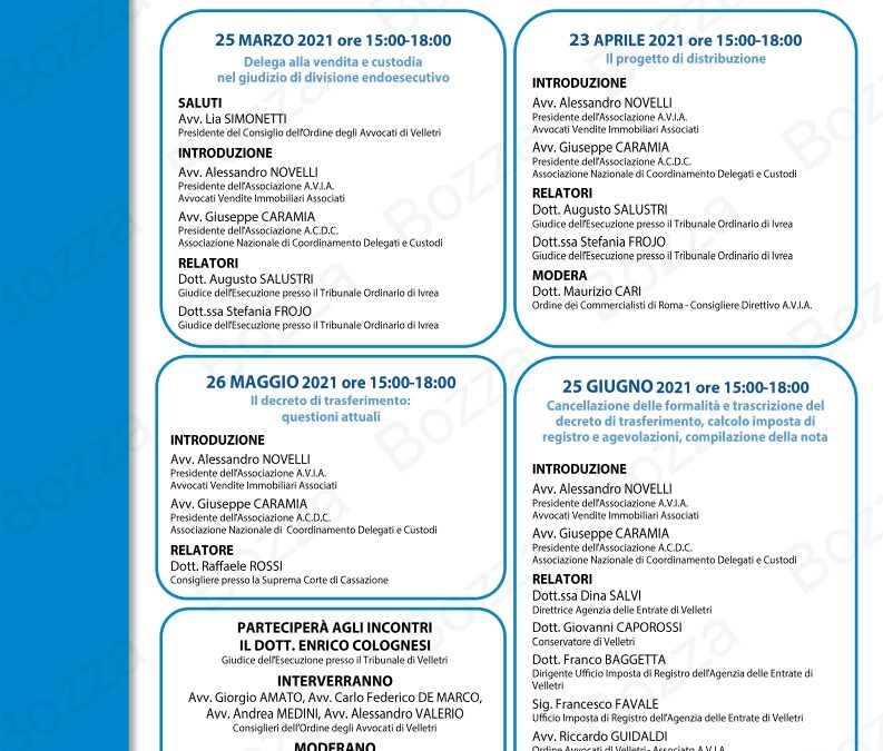 Webinar A.V.I.A. 25 marzo 2021 – Delega alla vendita e custodia nel giudizio di divisione endoesecutivo