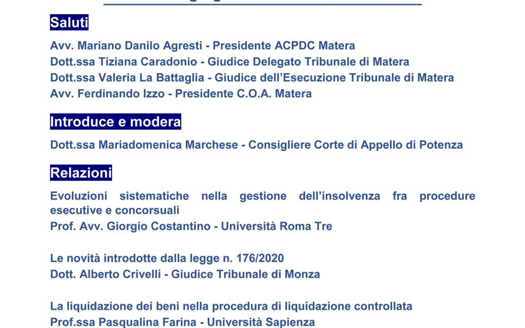 Nuove prospettive di gestione dell’insolvenza – webinar Matera 4 giugno 2021